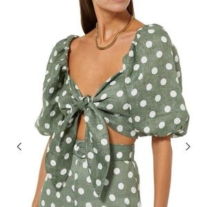 Faithfull The Brand NWT Idrissy linen top Emerald green polka dot cropped bow 6